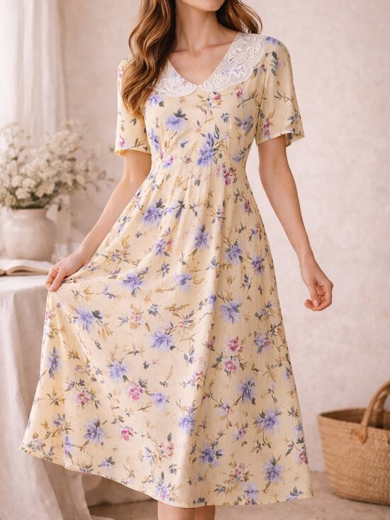 Vintage Dresses & Skirts - Vintage Prairie Cottagecore Floral Midi Dress Yellow Lace Collar Empire Waist 8